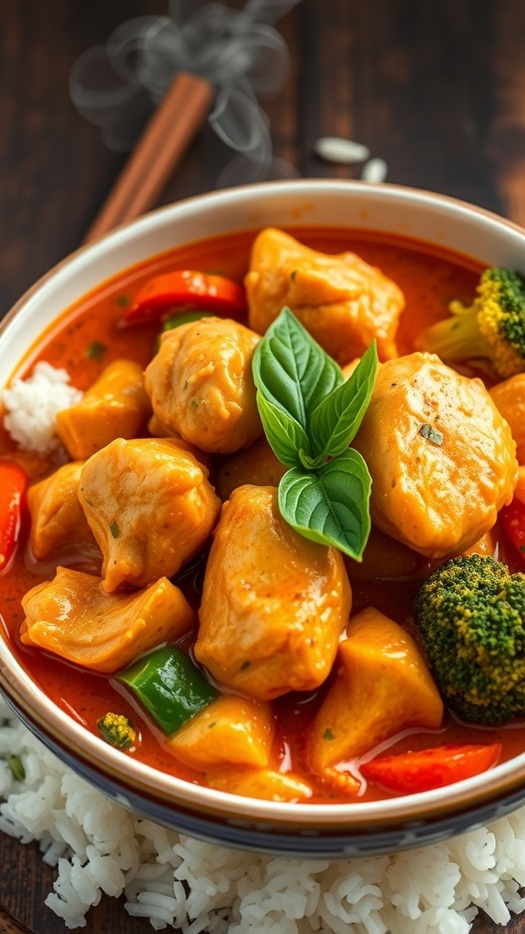 A bowl of Thai Red Curry Chicken with vegetables and jasmine rice, garnished with basil.